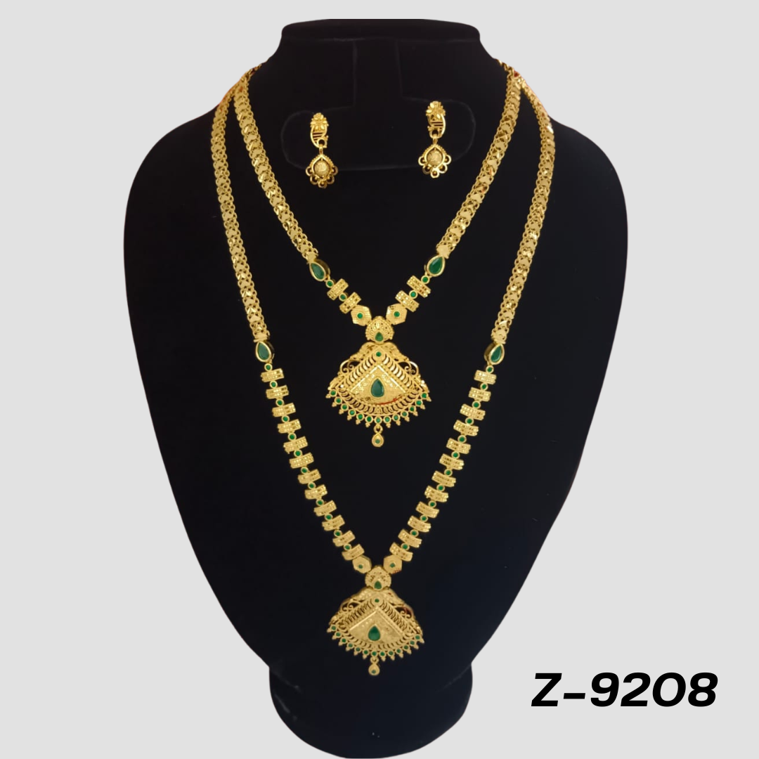 Elegant Gold-Plated Double Layer Necklace Set with Green Stone Embellishments - Z-9208