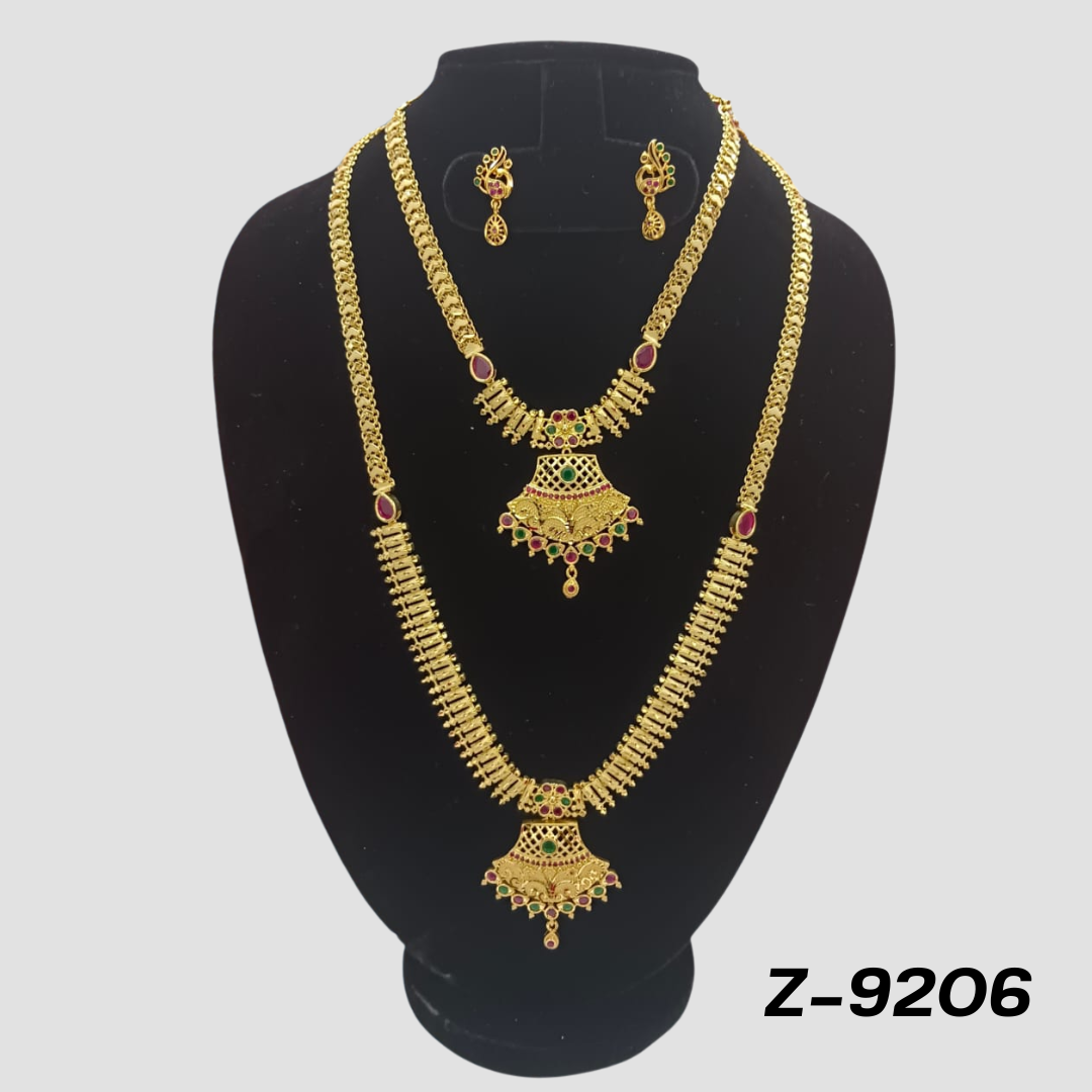 Traditional Gold-Plated Double Layer Necklace Set with Red & Green Stone Accents - Z-9206
