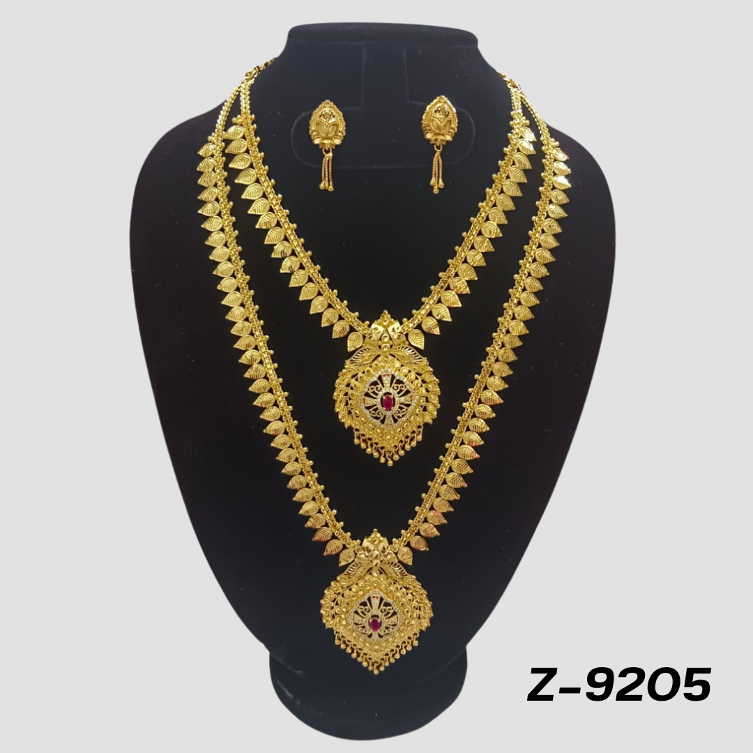 Traditional Gold-Plated Double Layer Necklace Set with Red Stone Accents - Z-9205