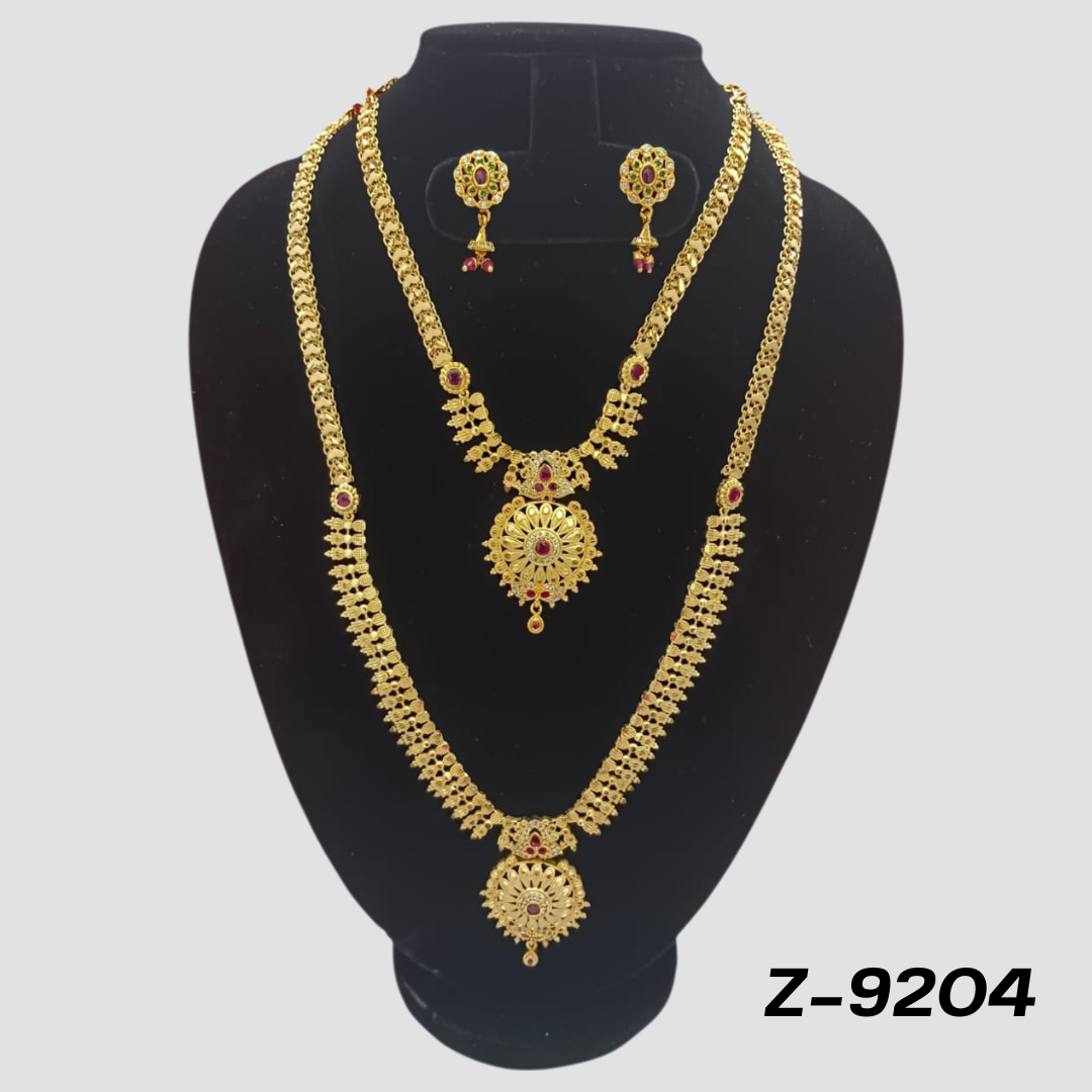 Gold-Plated Double Layer Necklace Set with Red Stone Embellishments - Z-9204