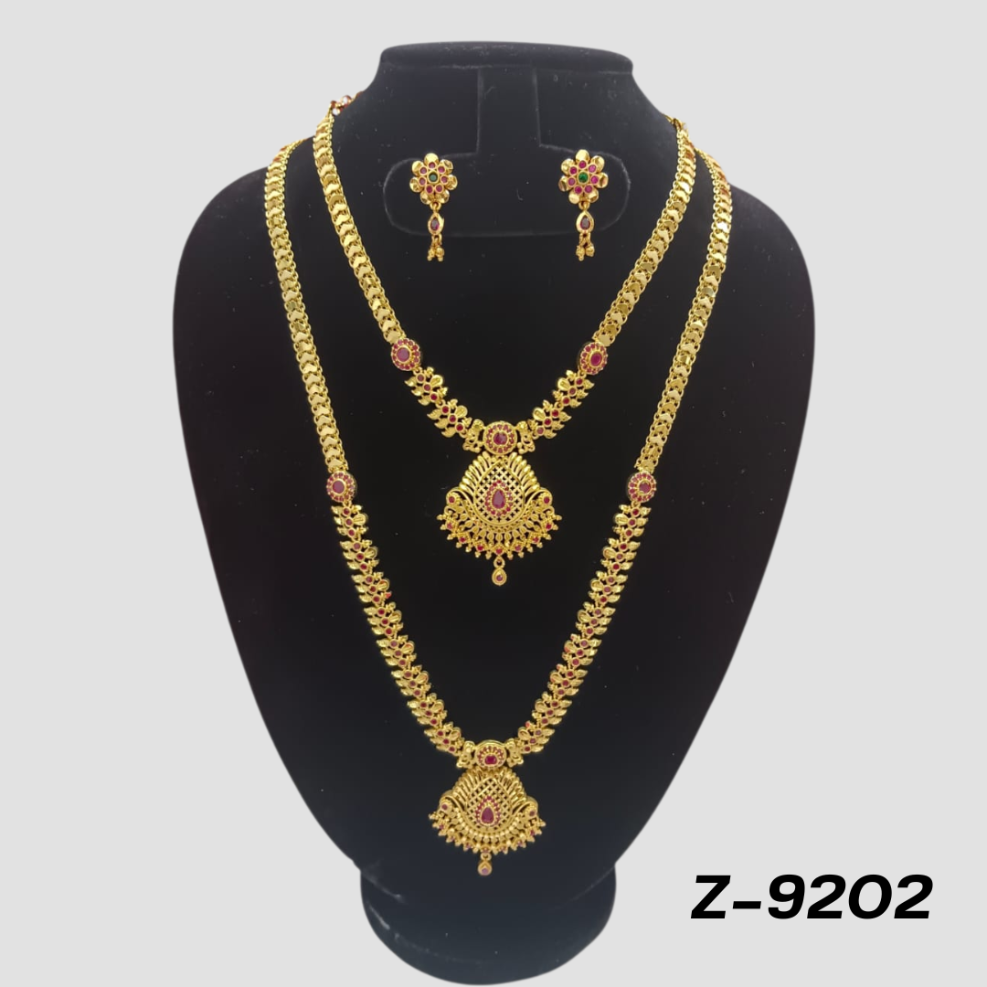 Elegant Gold-Plated Double Layer Necklace Set with Red Stone Accents - Z-9202