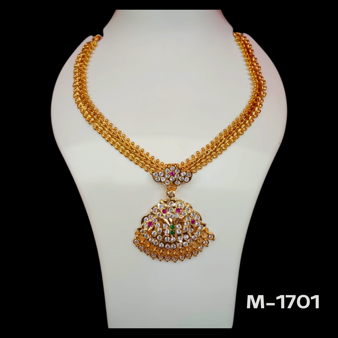 Elegant Gold-Plated Necklace with Stone-Studded Pendant – M-1701