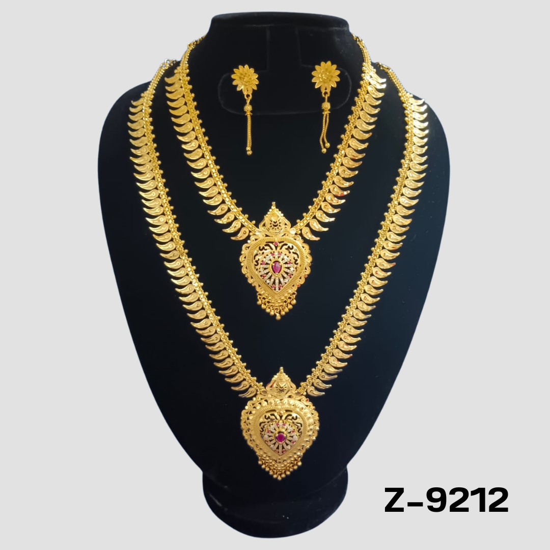 Traditional Gold-Plated Double Layer Necklace Set with Intricate Bell-Shaped Pendants - Z-9210