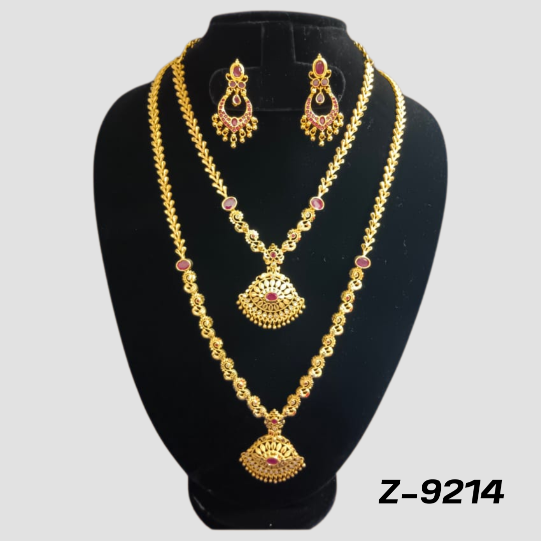 Traditional Gold-Plated Double Layer Necklace Set with Ruby Stones - Z-9214