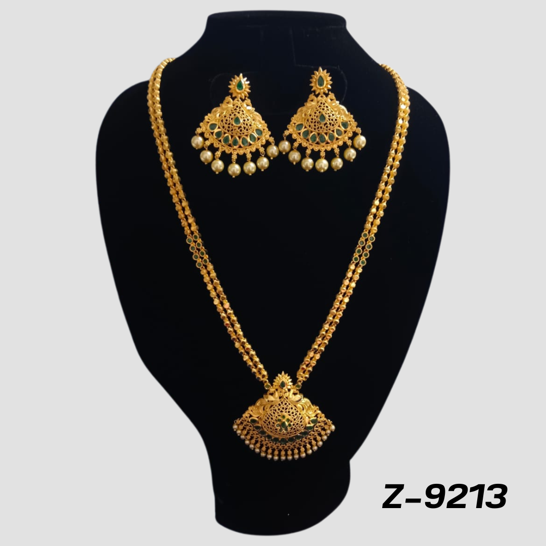 Traditional Gold-Plated Necklace Set with Dome-Shaped Pendant and Pearl-Embellished Jhumkas - Z-9213