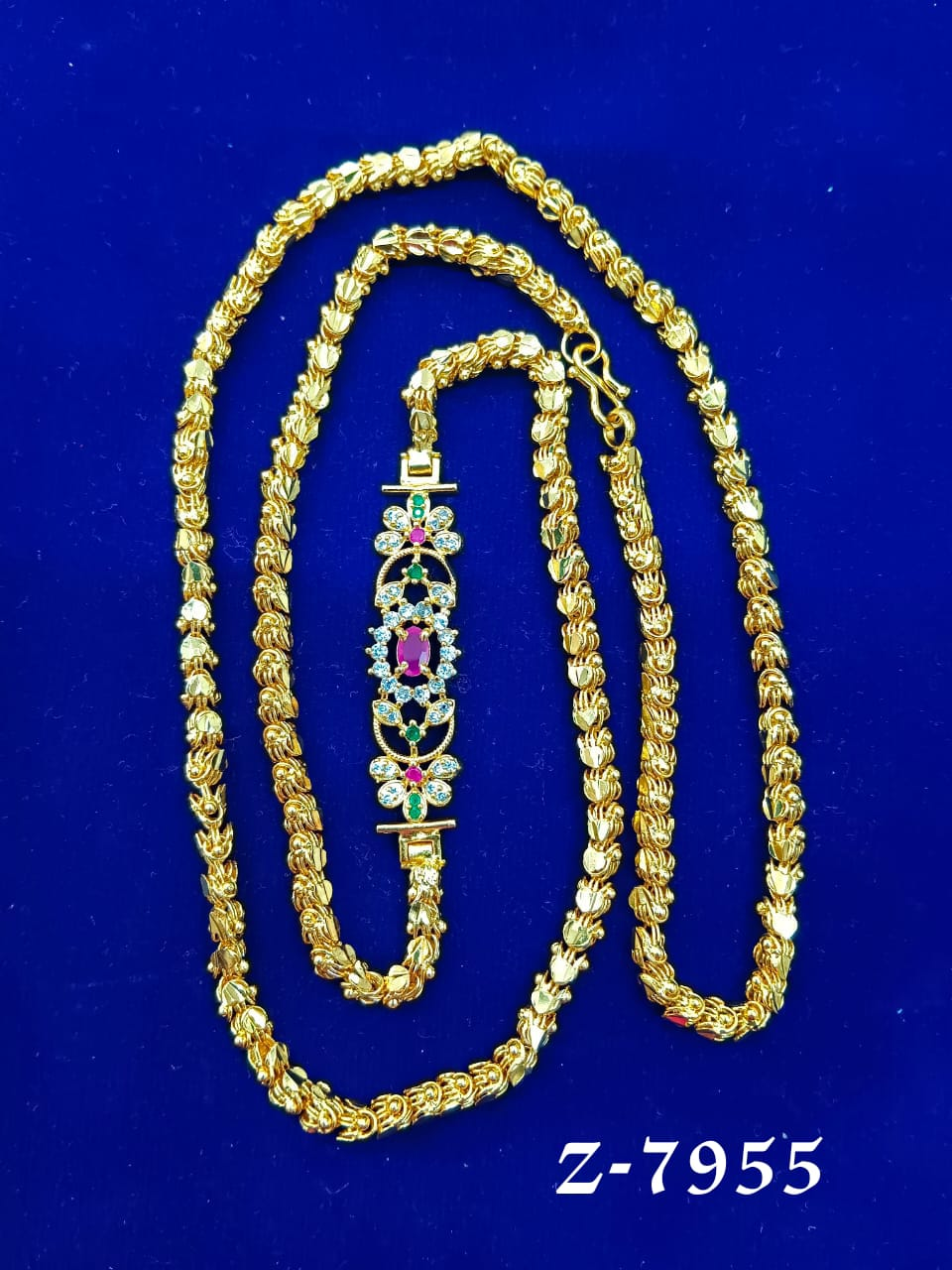 Elegant Gold-Plated Mugappu Chain with Multicolor Stone Design - Z-7955