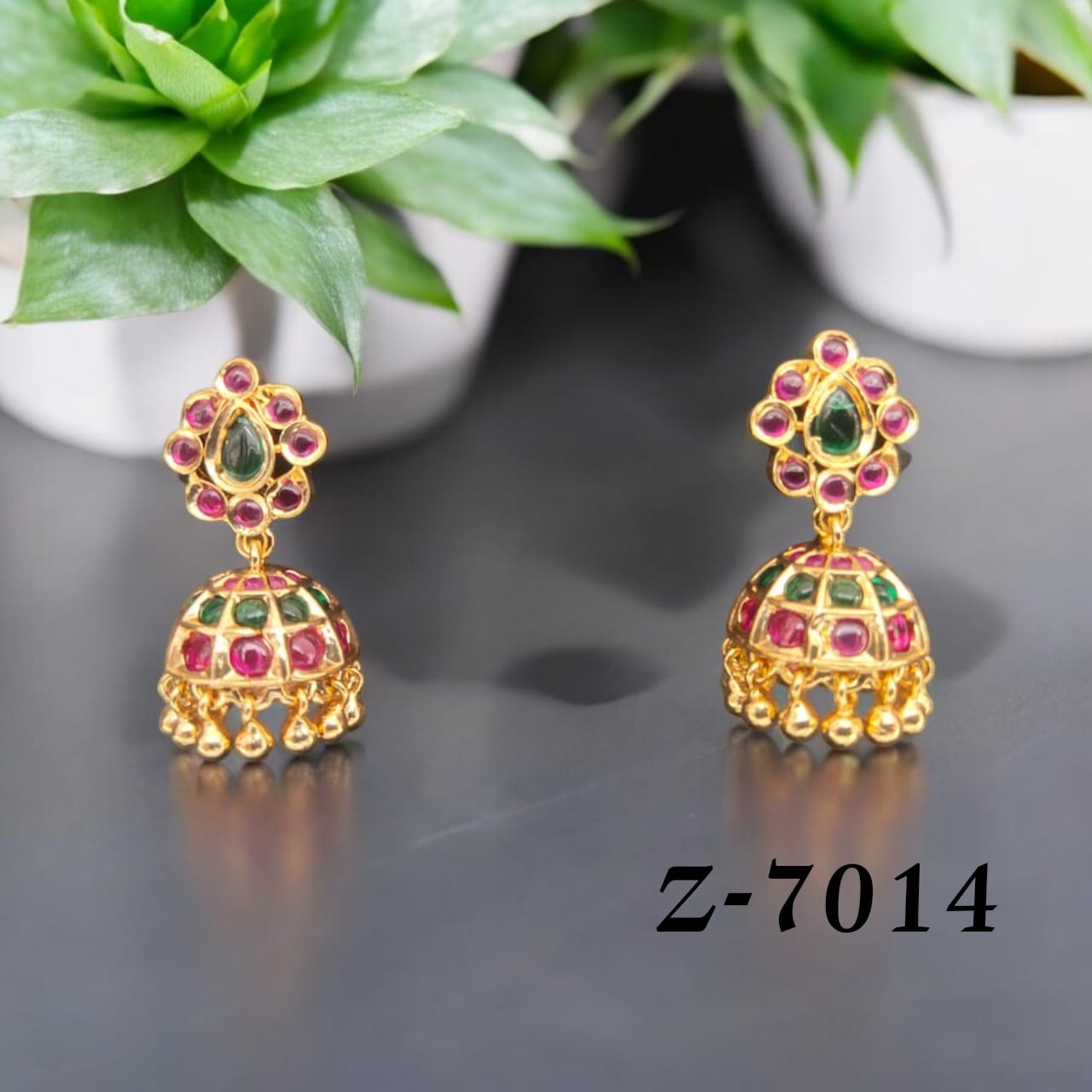 Traditional Gold-Plated Jhumka Earrings with Ruby & Emerald Stones – Z-7014