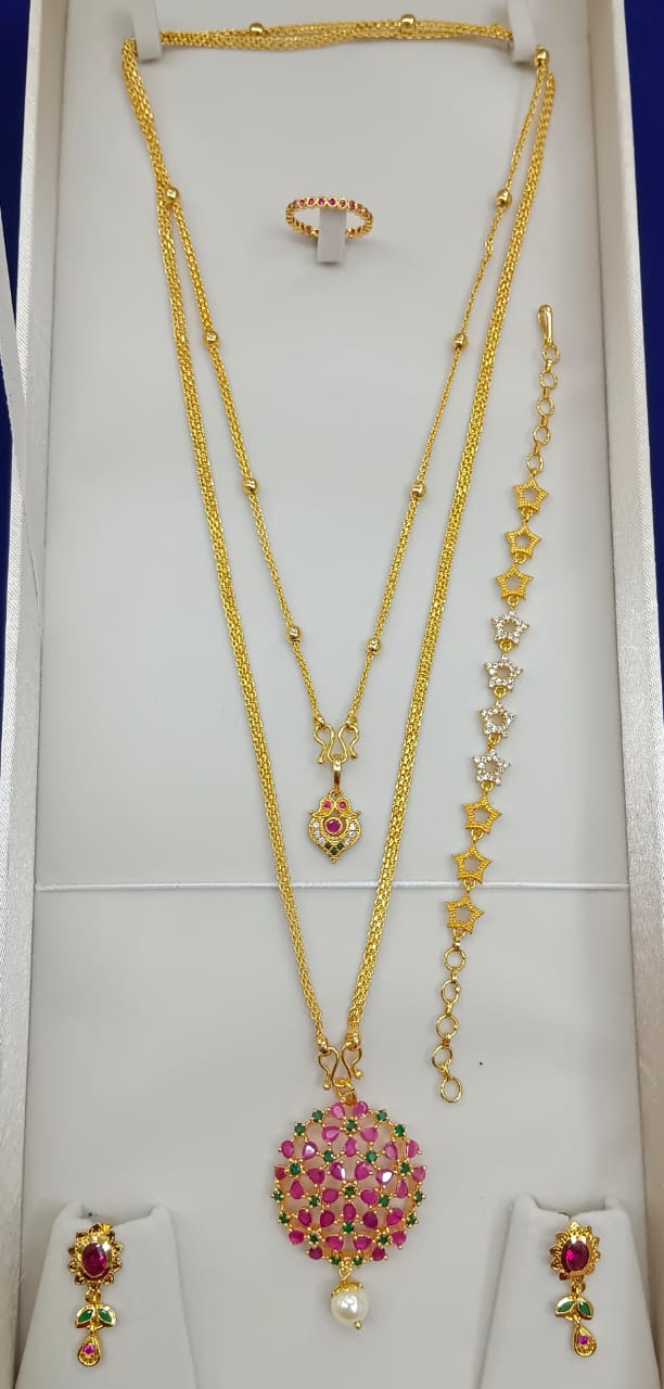 Luxury Gold-Plated Bridal Jewelry Combo Set with Ruby & Emerald Stones -co-003