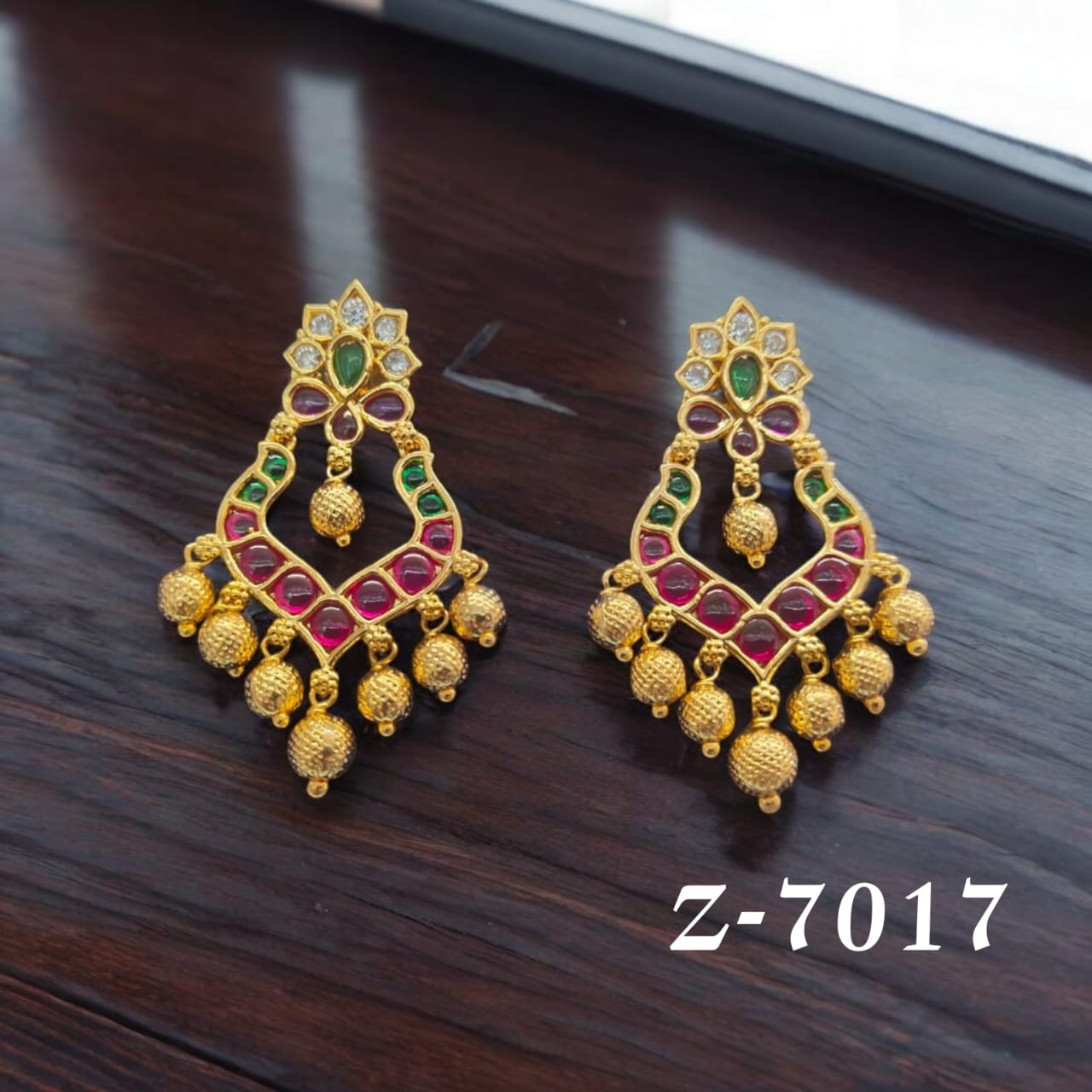Exquisite Gold-Plated Chandbali Earrings with Ruby Stones – Z-7017