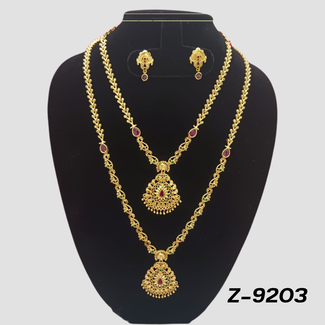 Traditional Gold-Plated Double Layer Necklace Set with Red Stone Detailing - Z-9203