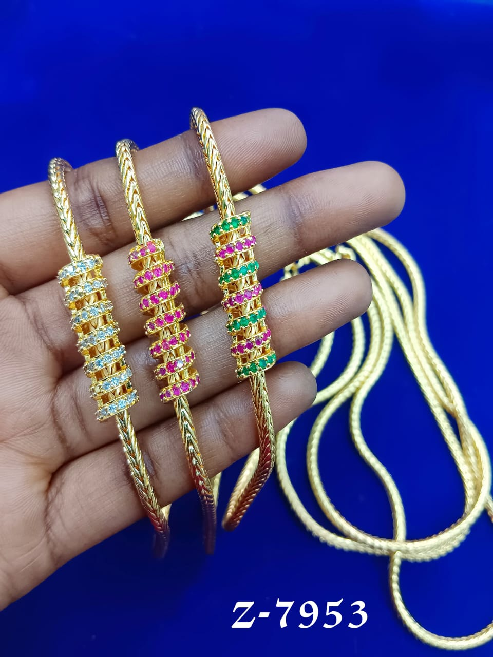 Elegant Gold-Plated Mugappu Chain with Multicolor Stone Detailing - Z-7953