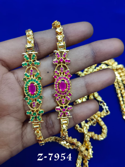 Traditional Gold-Plated Mugappu Chain with Pink Stone Embellishments - Z-7954